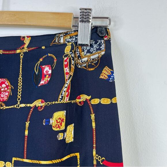 Vintage Y2K Classic Horsebit Chain Ribbon Floral Navy Blue Silk Wrap Skirt 4P 4 - Picture 4 of 8